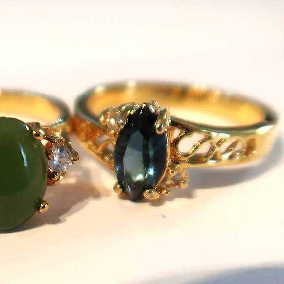 Two Rings Gold Tone Goth Style Blue and Green Stones Size 10 and Size 8.75 - Picture 3 of 7